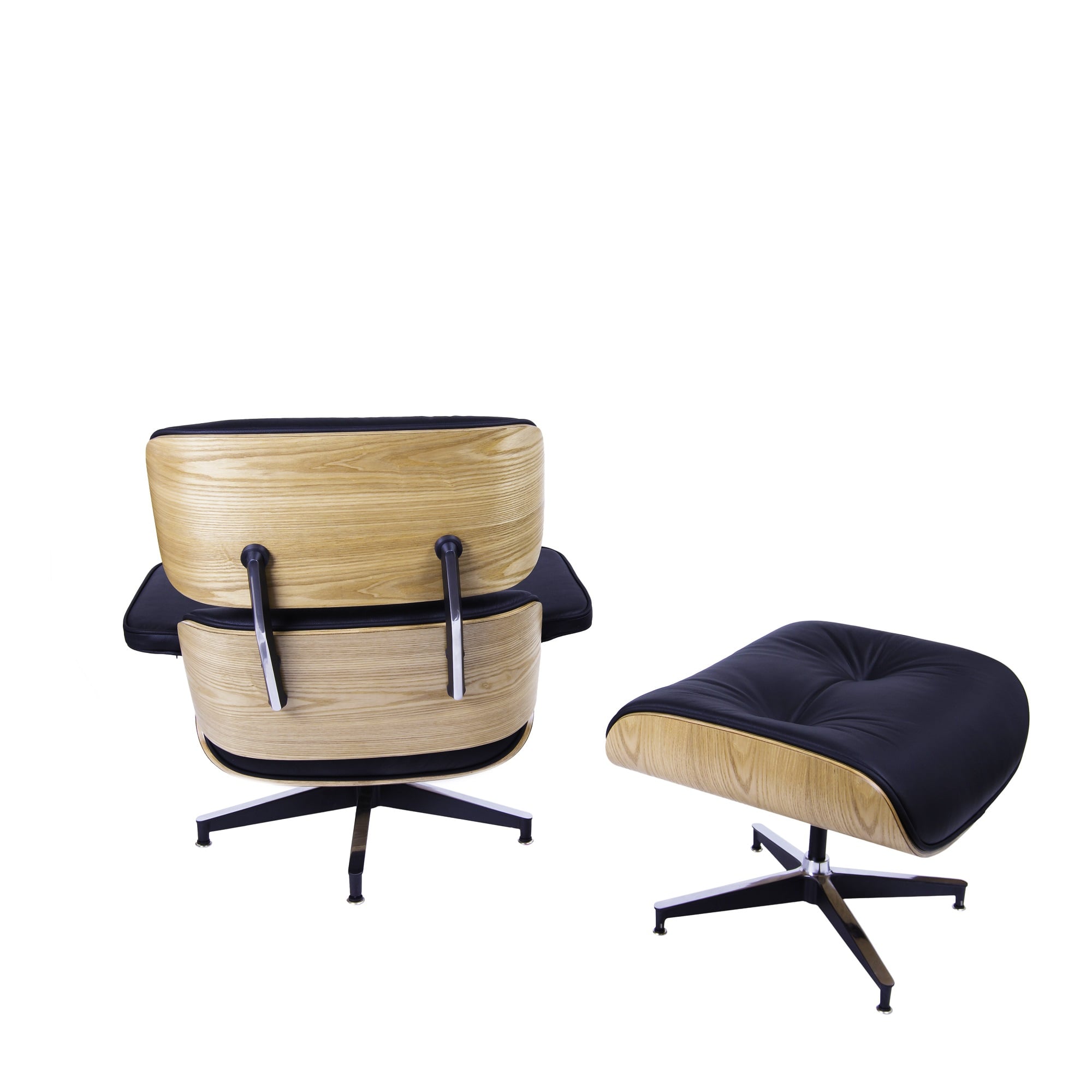 Charles Eames style, Poltrona con hocker EA670 Nero legno di frassino Base nera