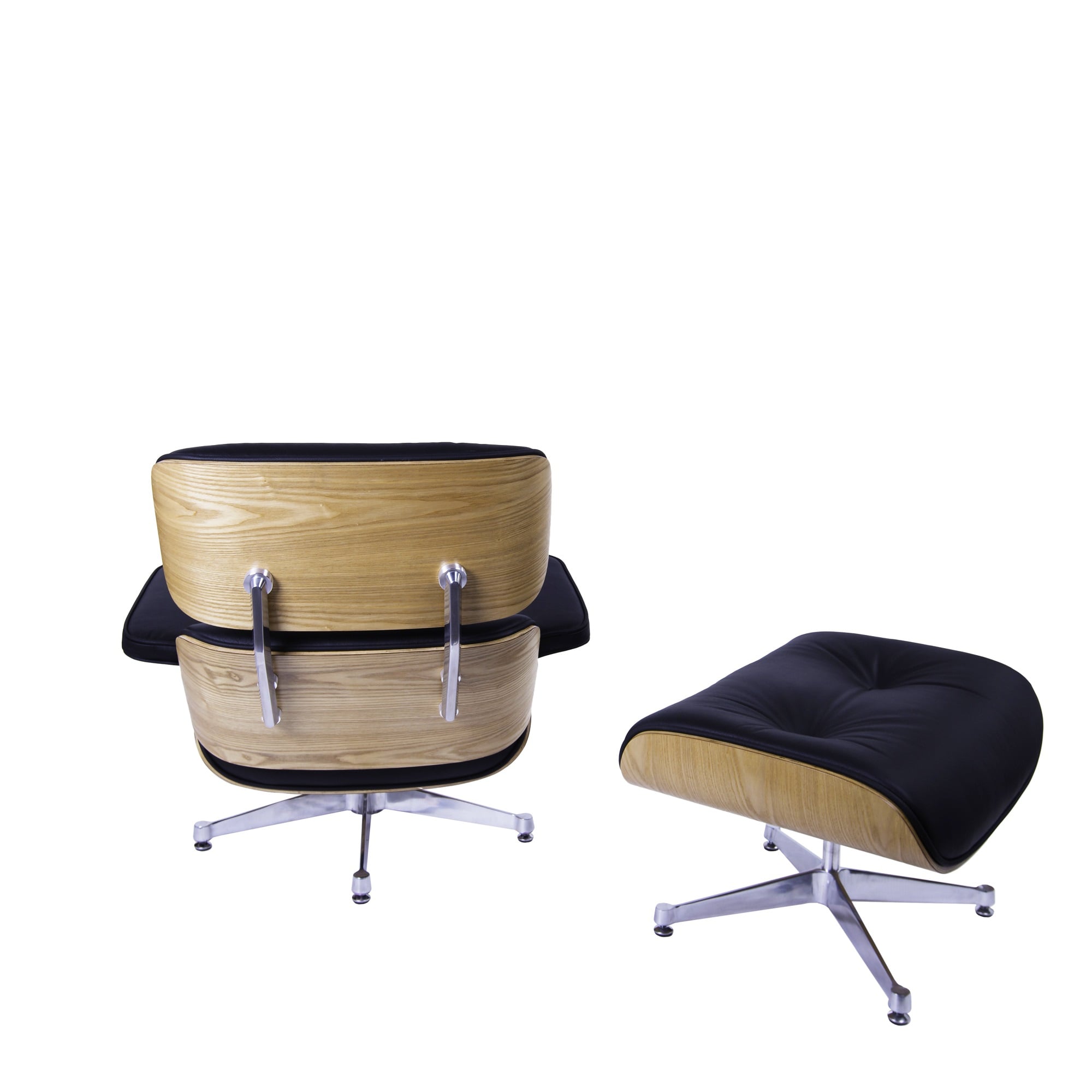 Charles Eames style, Poltrona con hocker EA670 XL Nero legno di frassino base lucida