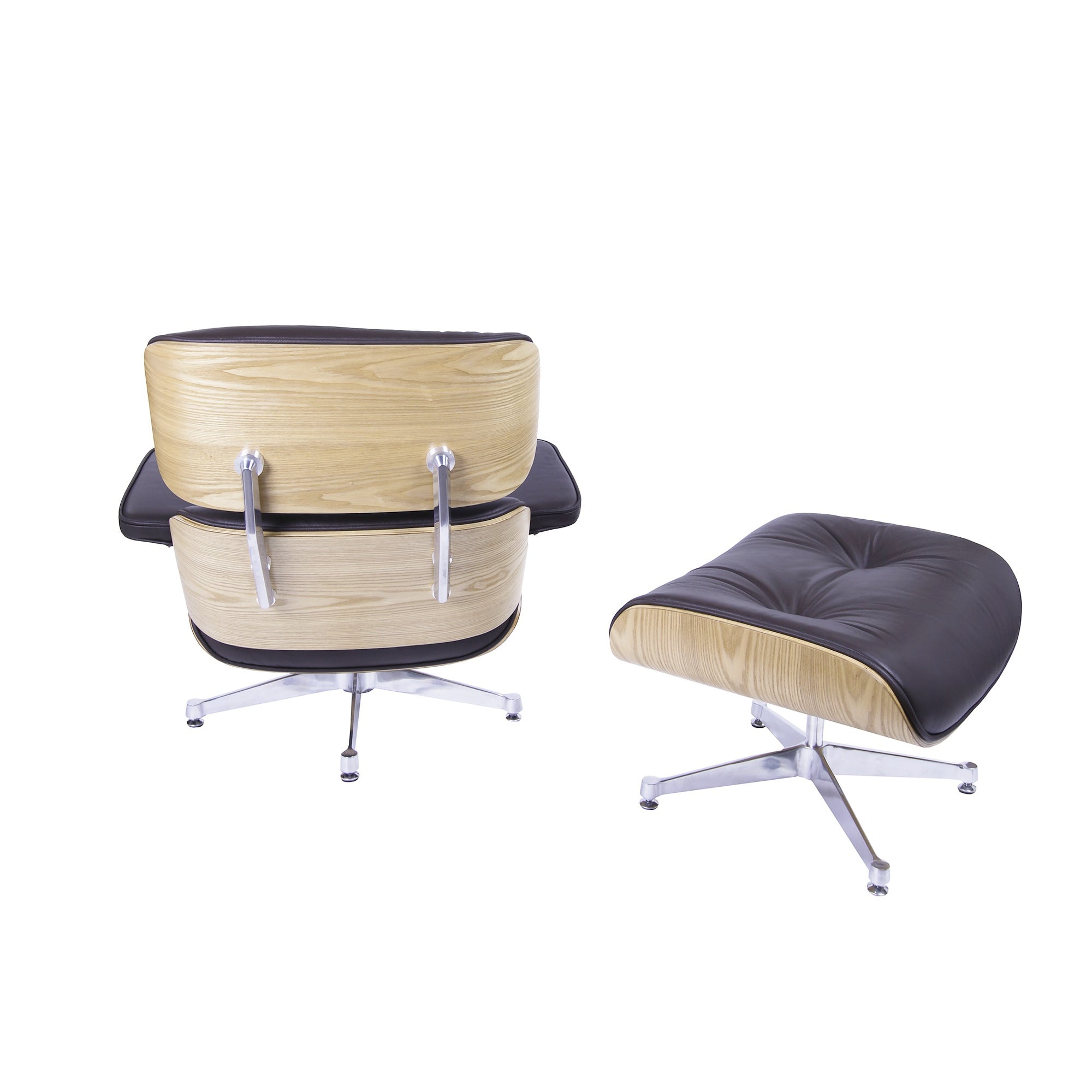 Charles Eames style, Poltrona con hocker EA670 Marrone legno di frassino base lucida