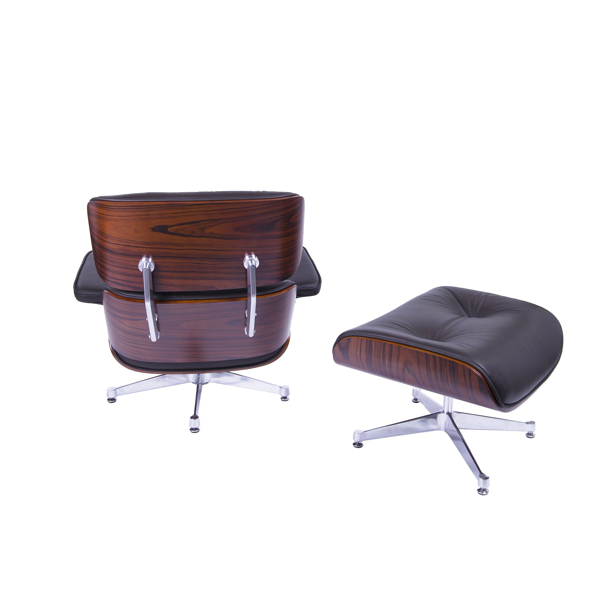 Charles Eames style, Poltrona con hocker EA670 Marrone Legno di rosa base lucida