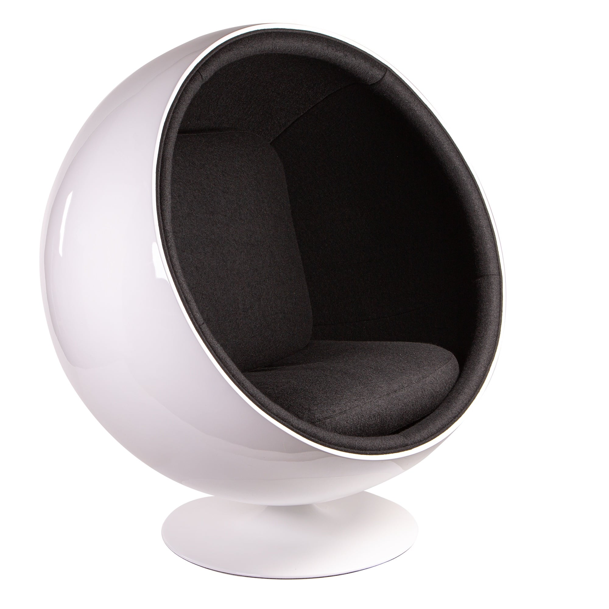 Eero Aarnio style, Poltrona Ball Chair Fibra di vetro bianca Lana nera