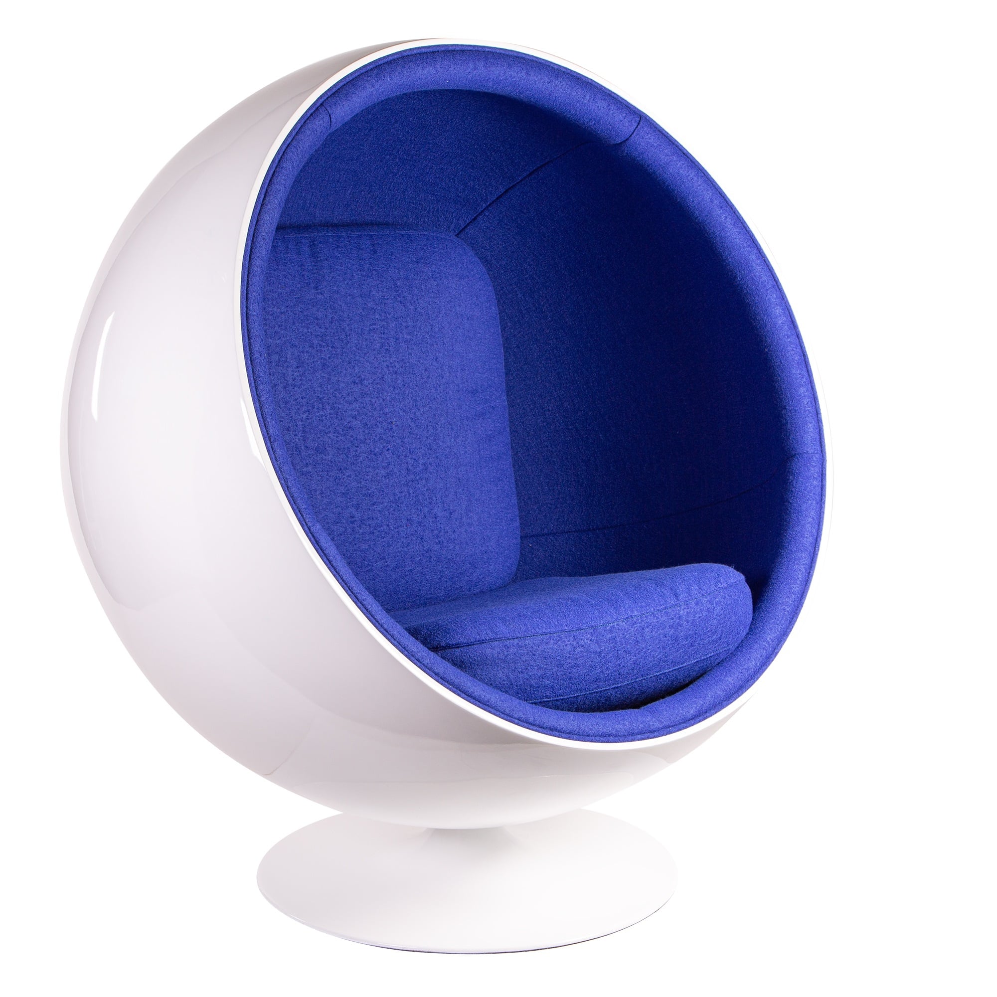Eero Aarnio style, Poltrona Ball Chair Fibra di vetro bianca Lana blu scuro