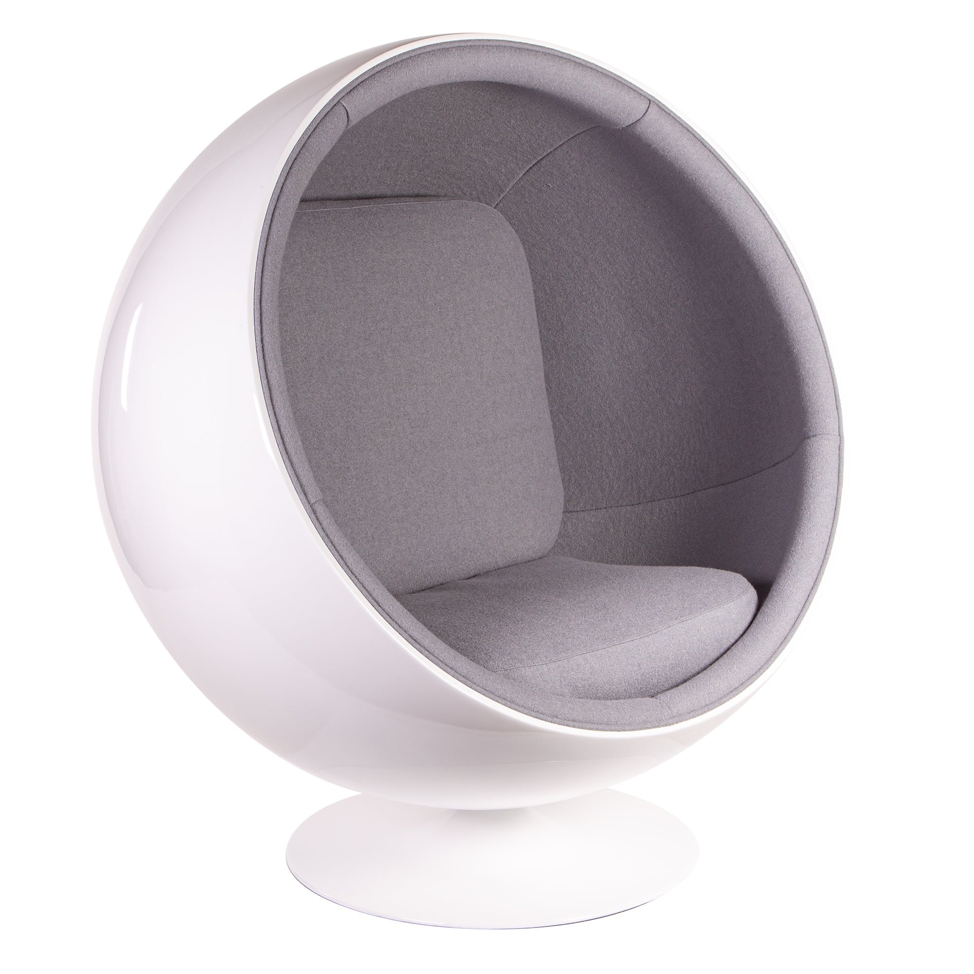 Eero Aarnio style, Poltrona Ball Chair Fibra di vetro bianca Lana grigio chiaro