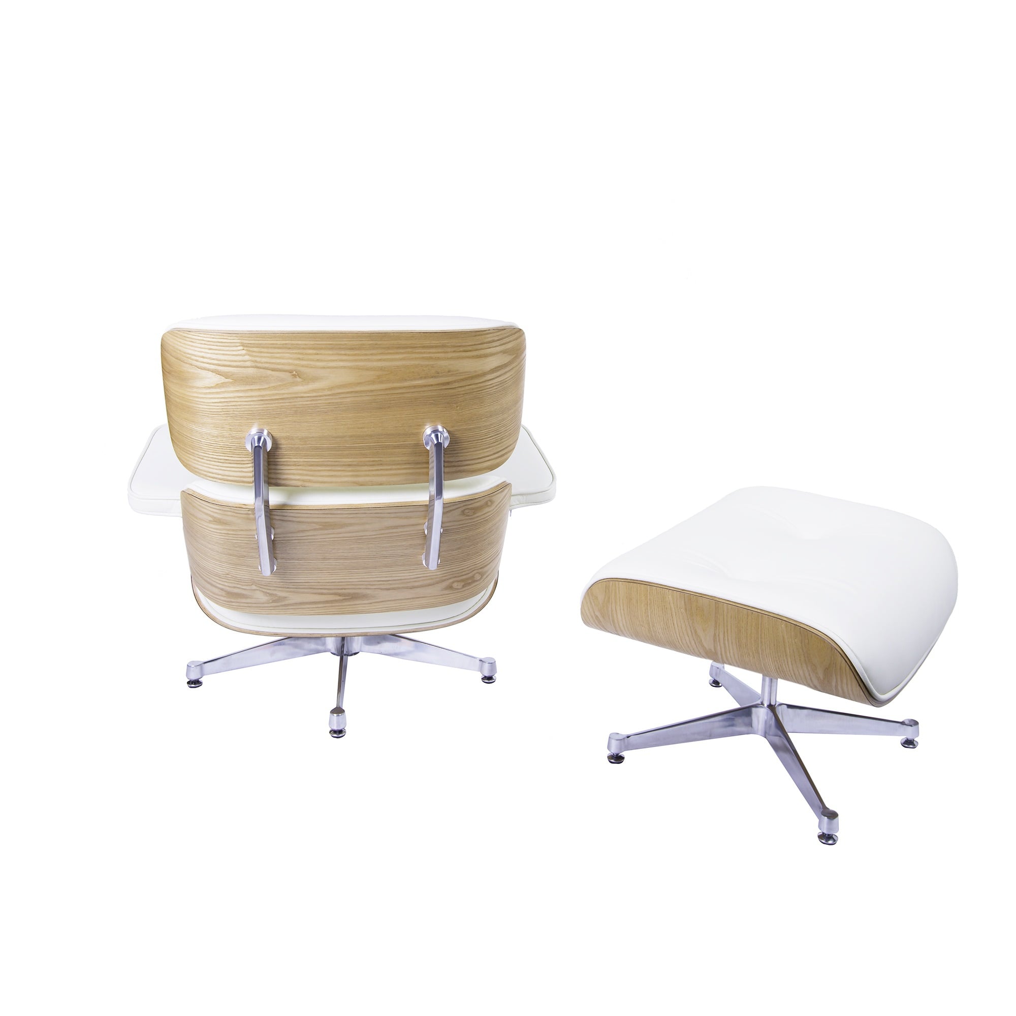 Charles Eames style, Poltrona con hocker EA670 XL crema legno di frassino base lucida