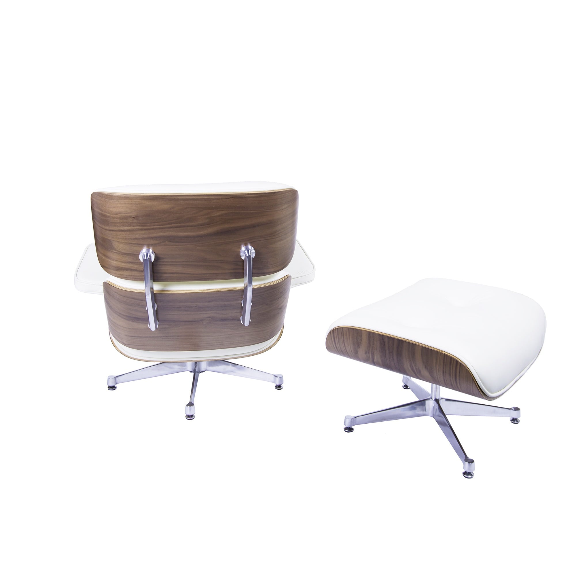 Charles Eames style, Poltrona con hocker EA670 crema Noce base lucida