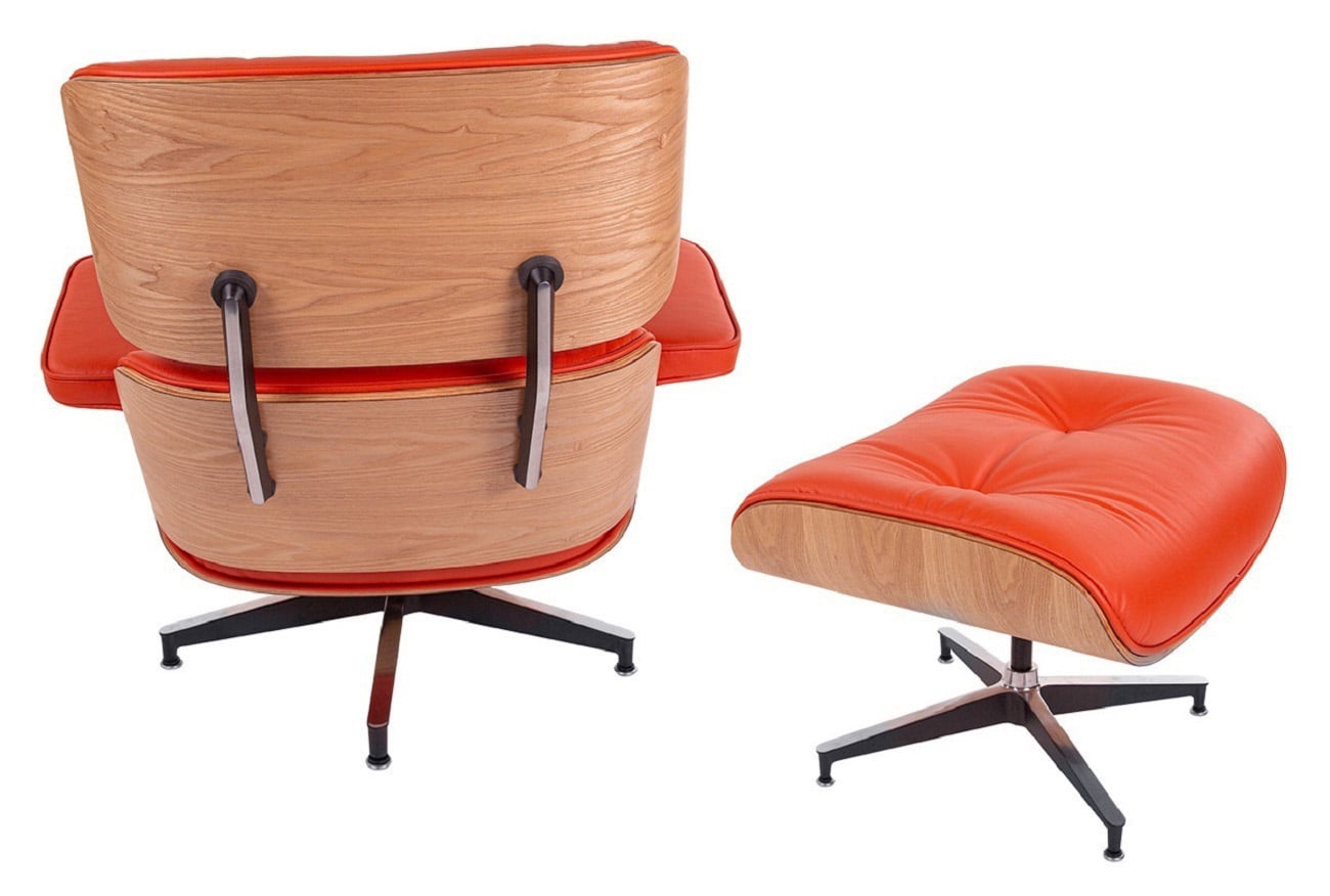 Charles Eames style, Poltrona con hocker EA670 SPECIAL EDITION rosso legno di frassino Base nera