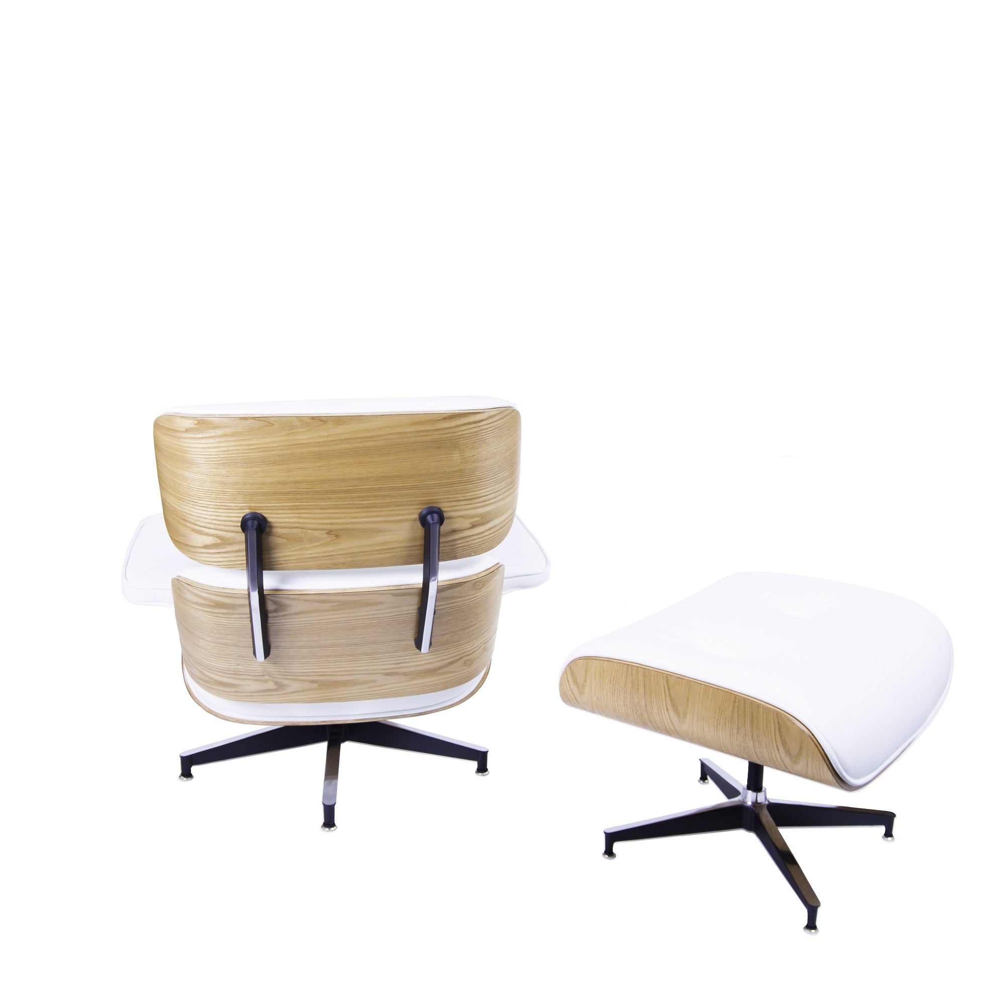 Charles Eames style, Poltrona con hocker EA670 XL bianca legno di frassino Base nera