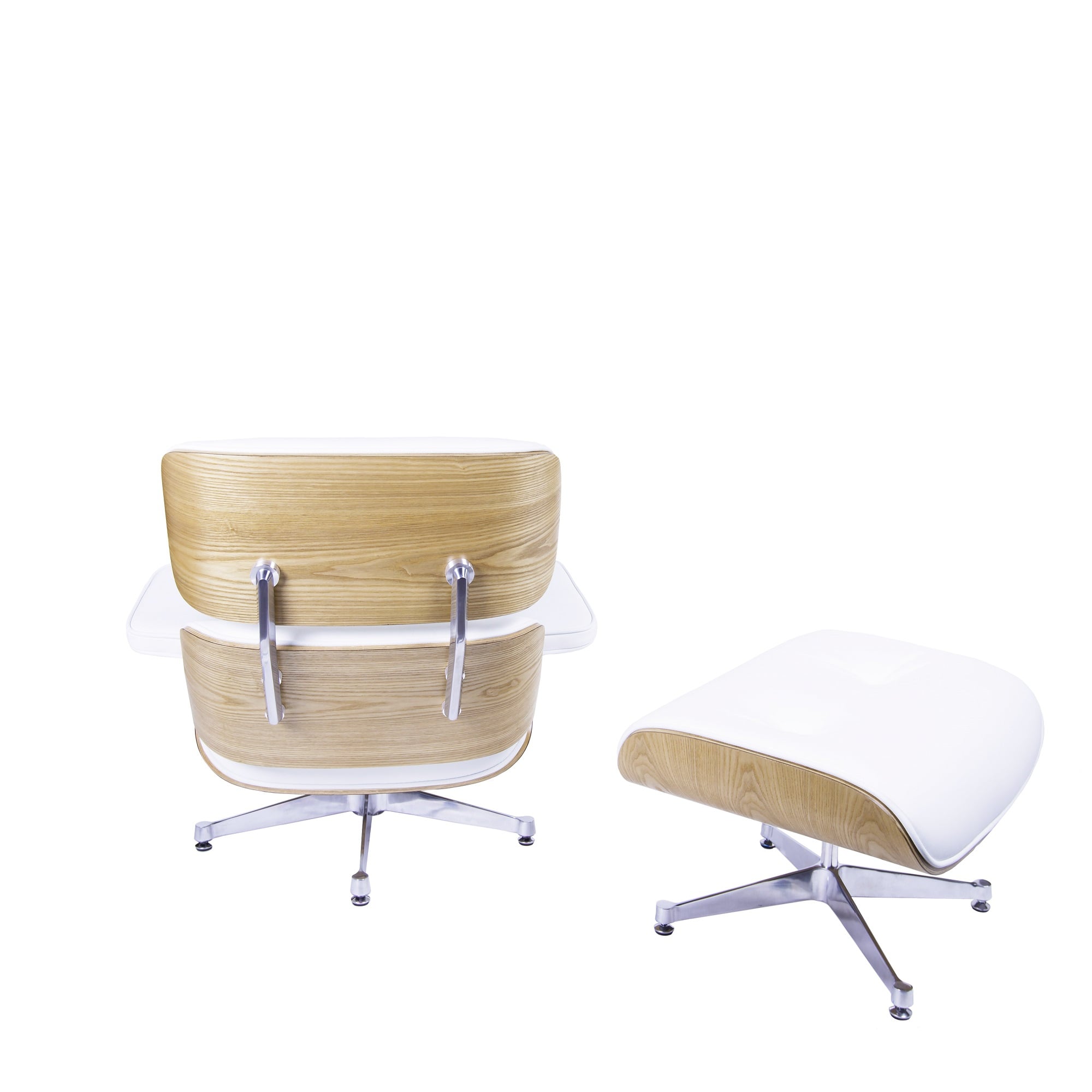 Charles Eames style, Poltrona con hocker EA670 XL bianca legno di frassino base lucida