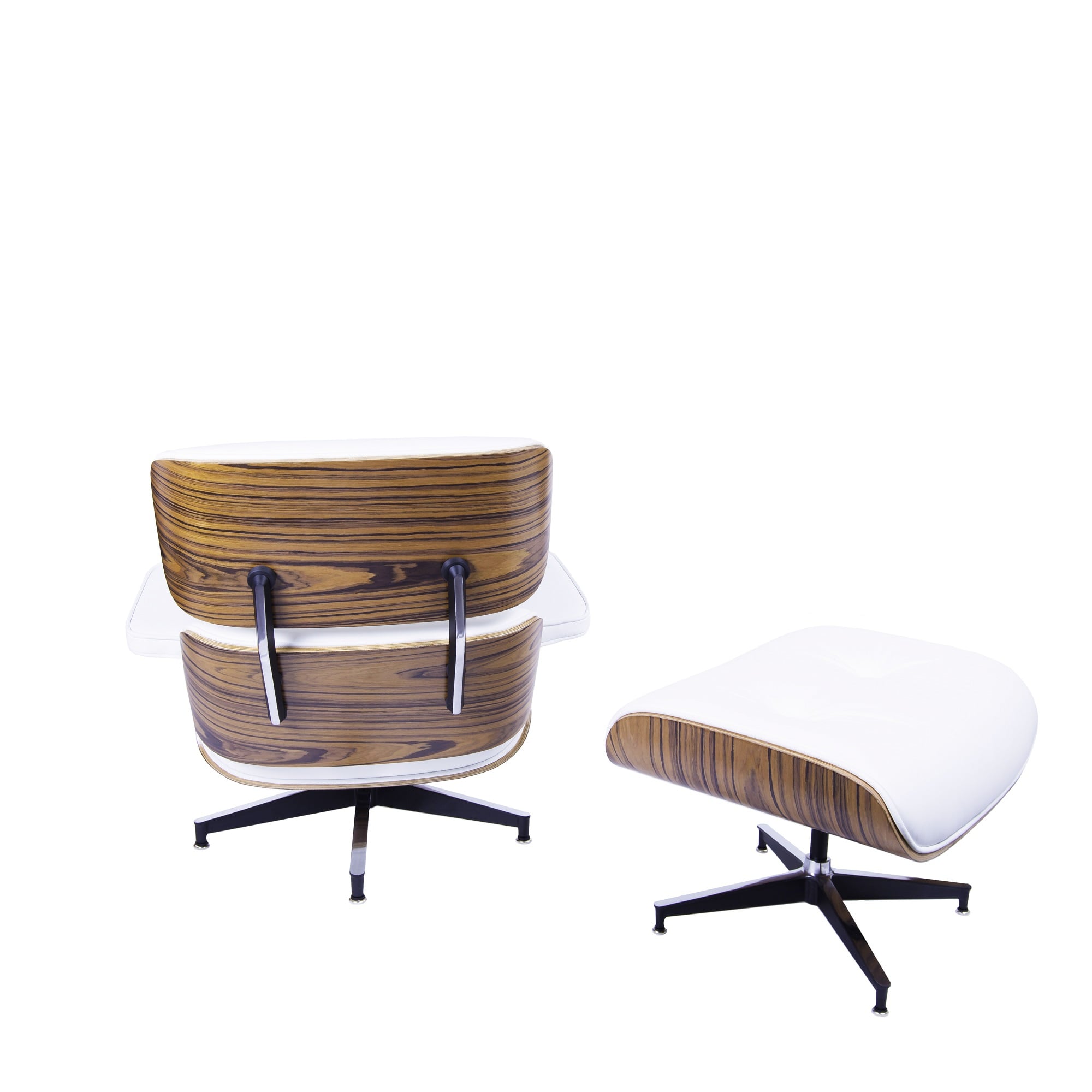 Charles Eames style, Poltrona con hocker EA670 bianca palissandro Base nera