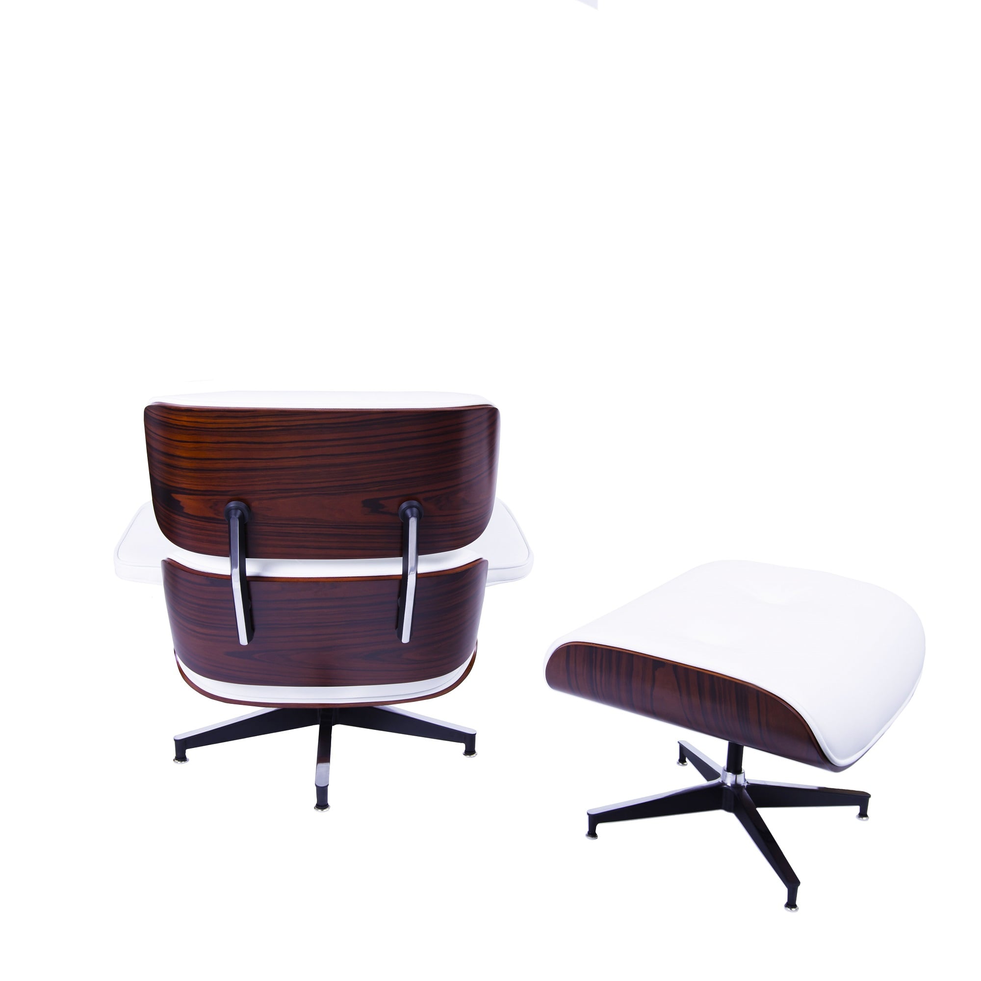 Charles Eames style, Poltrona con hocker EA670 XL bianca Legno di rosa Base nera