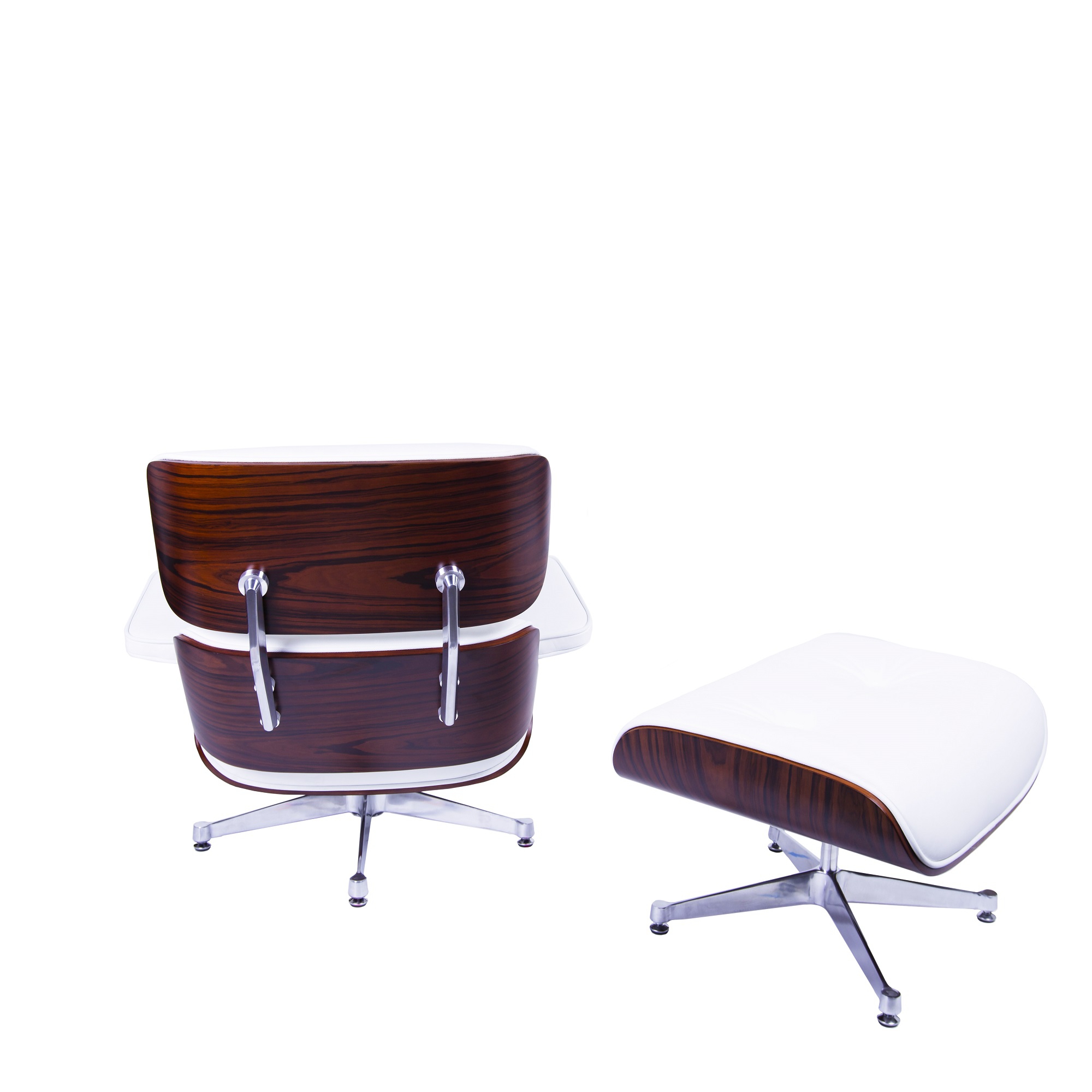 Charles Eames style, Poltrona con hocker EA670 bianca Legno di rosa base lucida