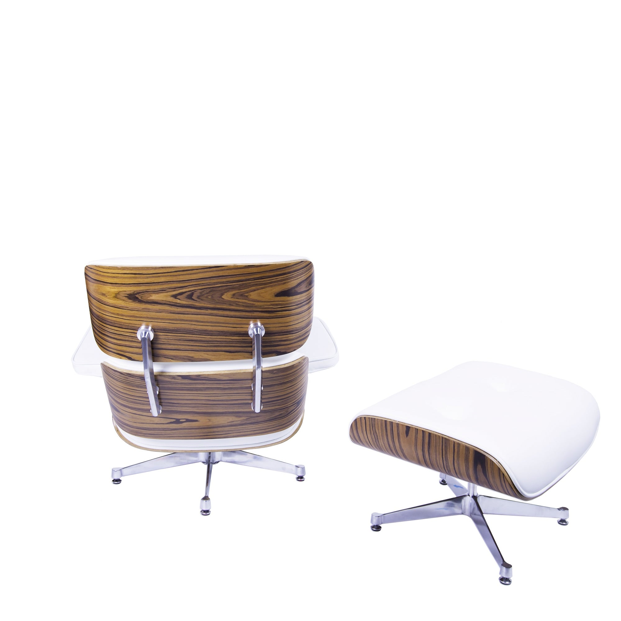 Charles Eames style, Poltrona con hocker EA670 XL bianca palissandro base lucida
