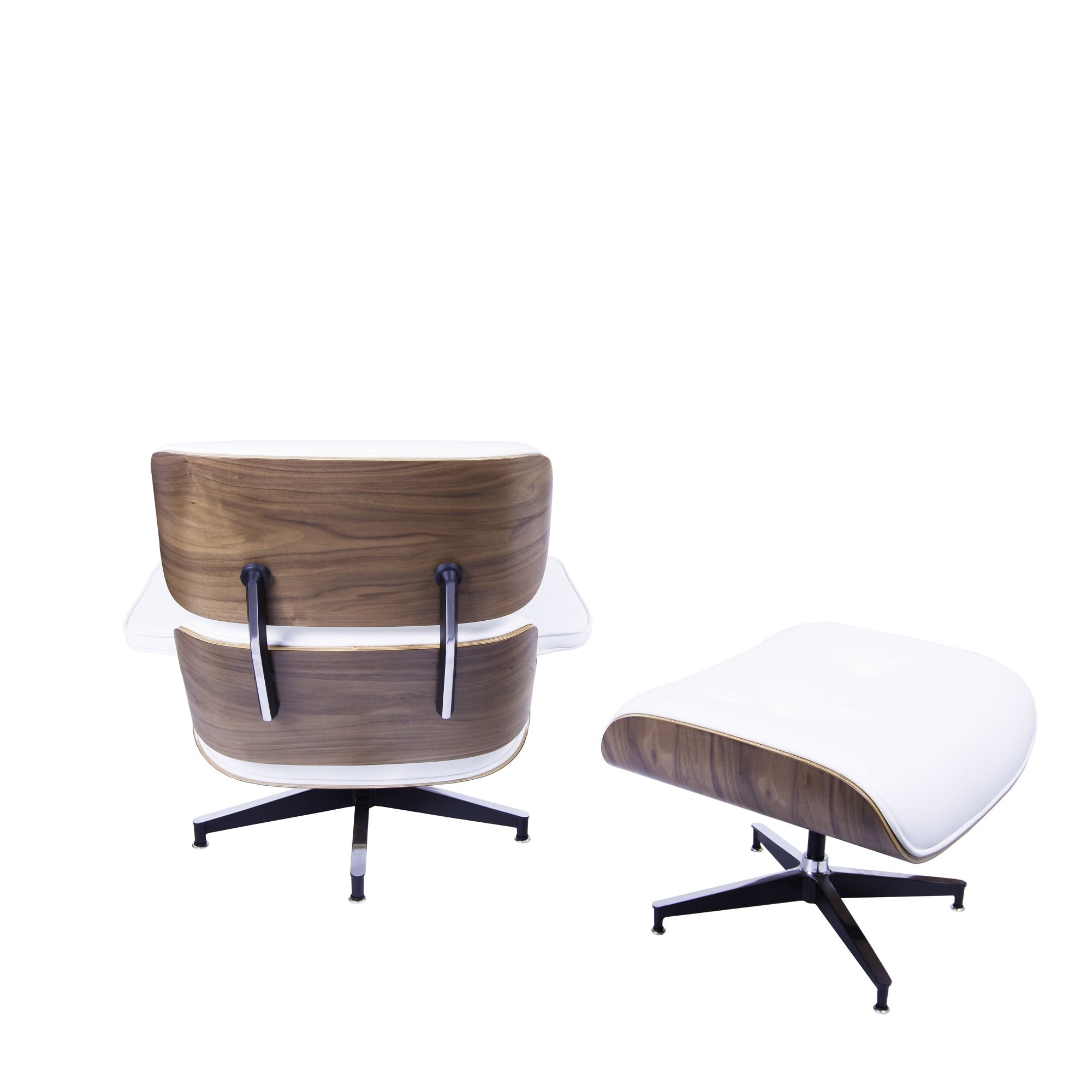 Charles Eames style, Poltrona con hocker EA670 bianca Noce Base nera